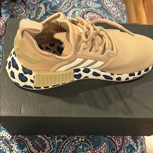 Adidas Tan and Blue Sneakers with Signature Stripes